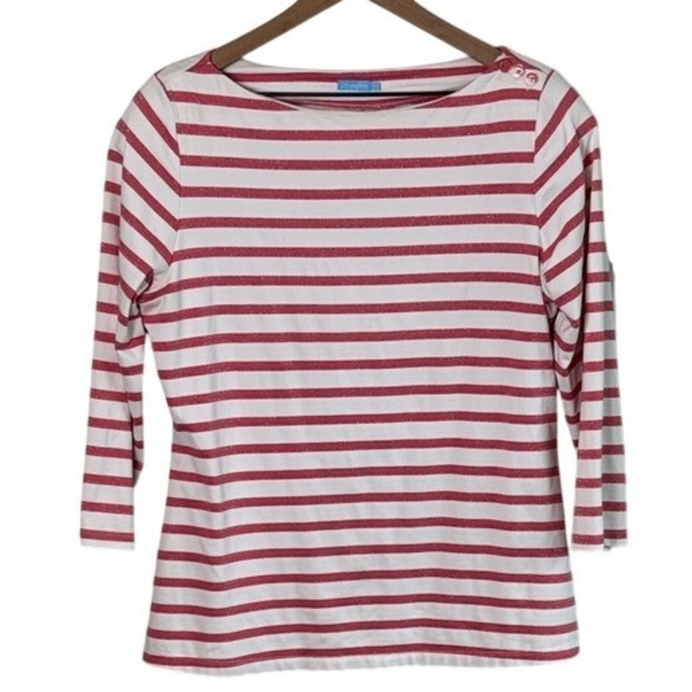J McLaughlin Wavesong Striped 3/4 Sleeve ‎ Pink White Tee Boatneck L